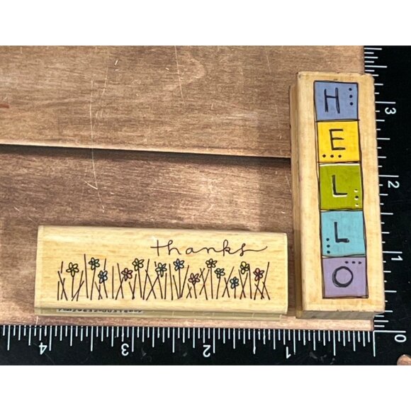 2006 STUDIO G HELLO & THANKS WOOD MOUNTED RUBBER STAMP SET OF 2 BY KOLETTE HALL - Picture 2 of 7